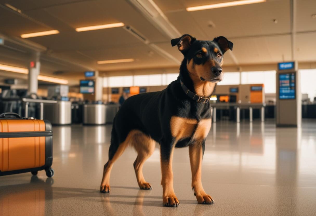 Black and tan dog standing beside an orange suitcase in an airport terminal