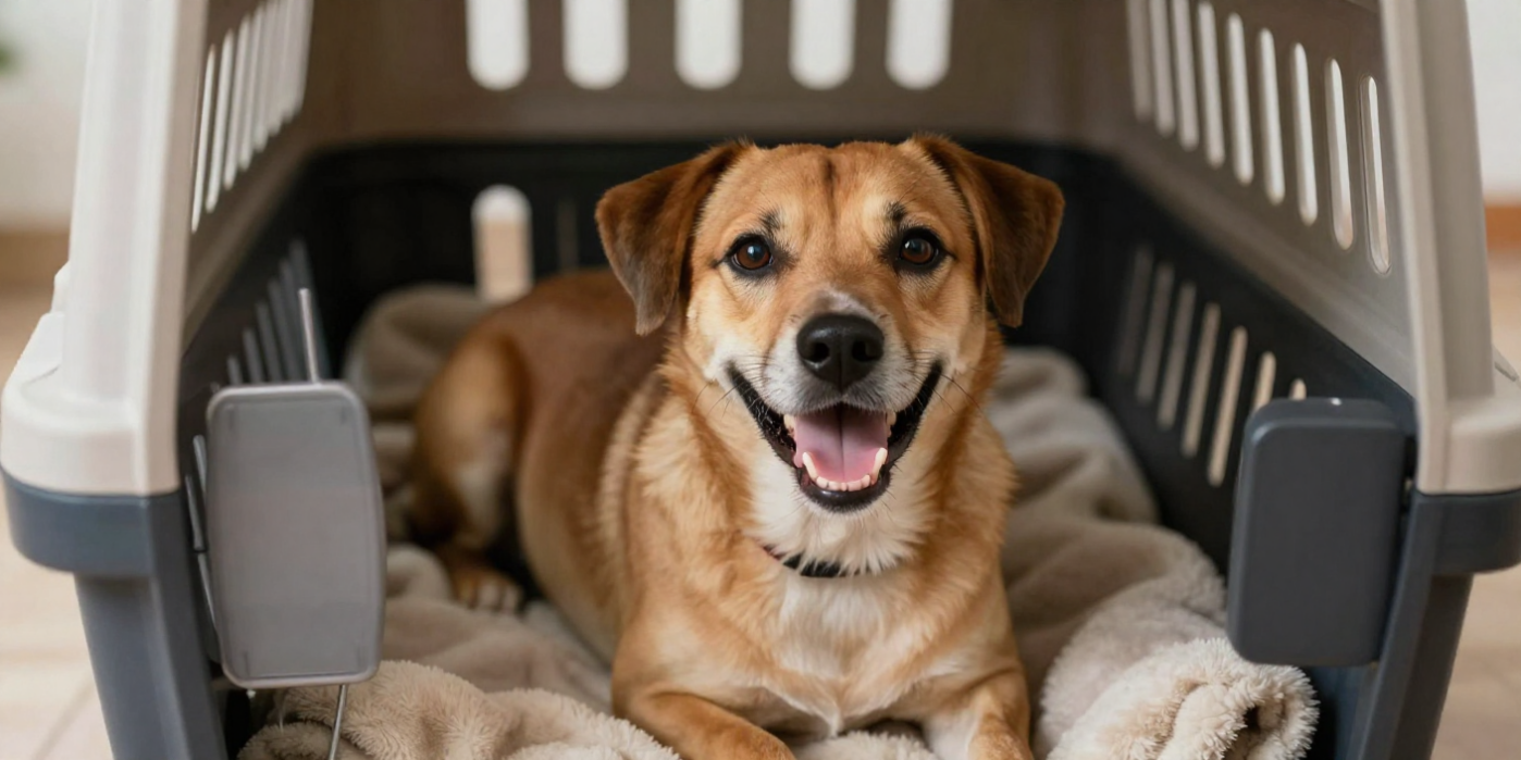 Dog in airline-approved travel crate with Pet Travel Advisors Canada