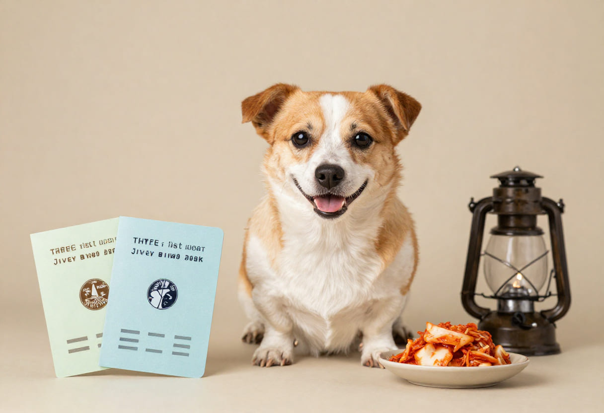 Dog with Korean items and travel papers