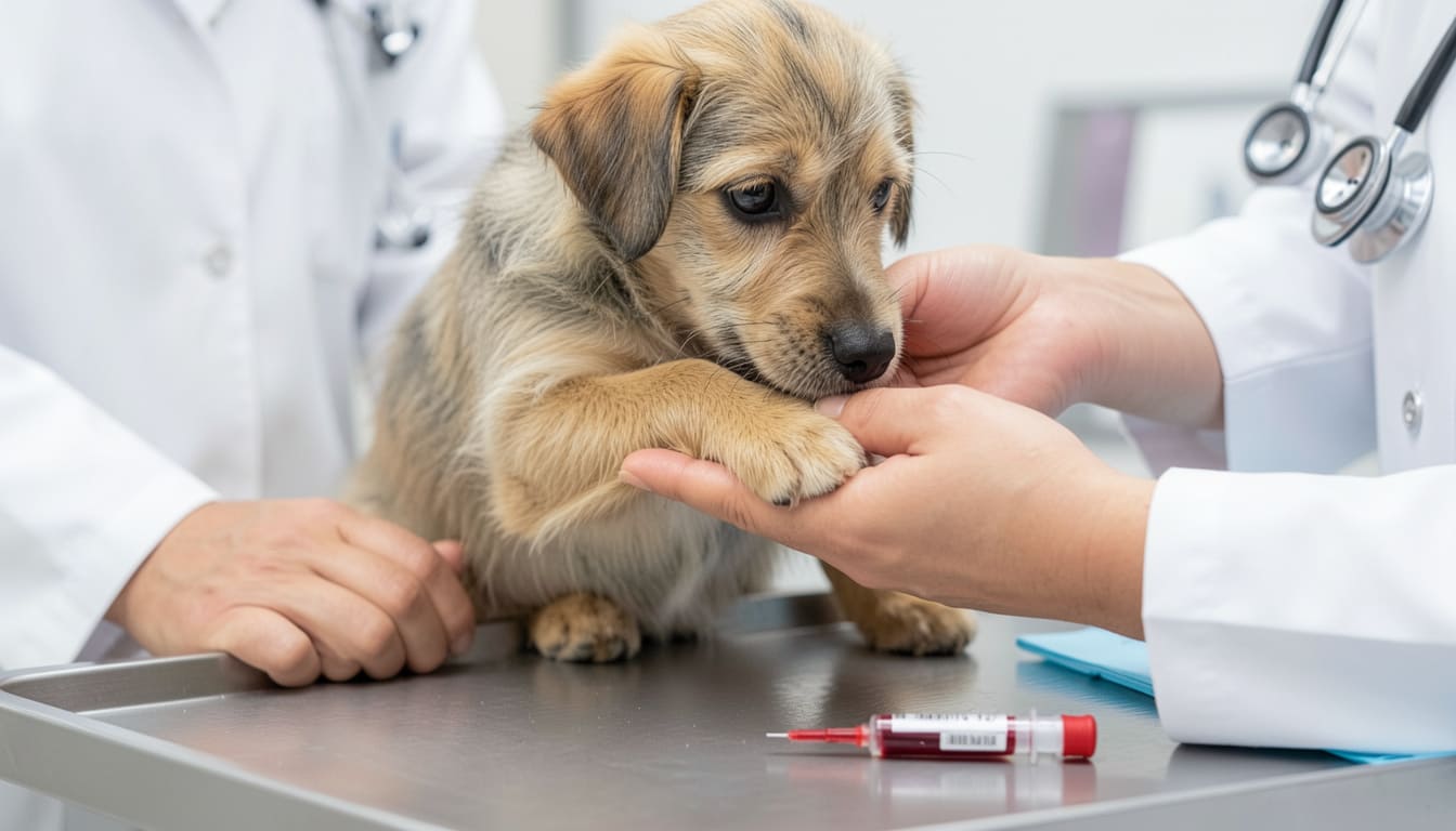 Veterinarian holding a small dog's paw during a blood draw for a rabies titre test