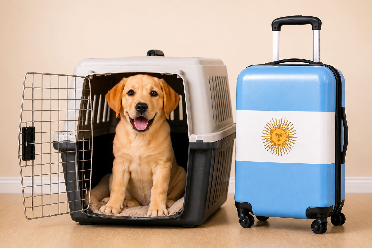 Dog in an open travel crate beside a suitcase in the Argentine flag, ready for a pet move from Canada to Argentina