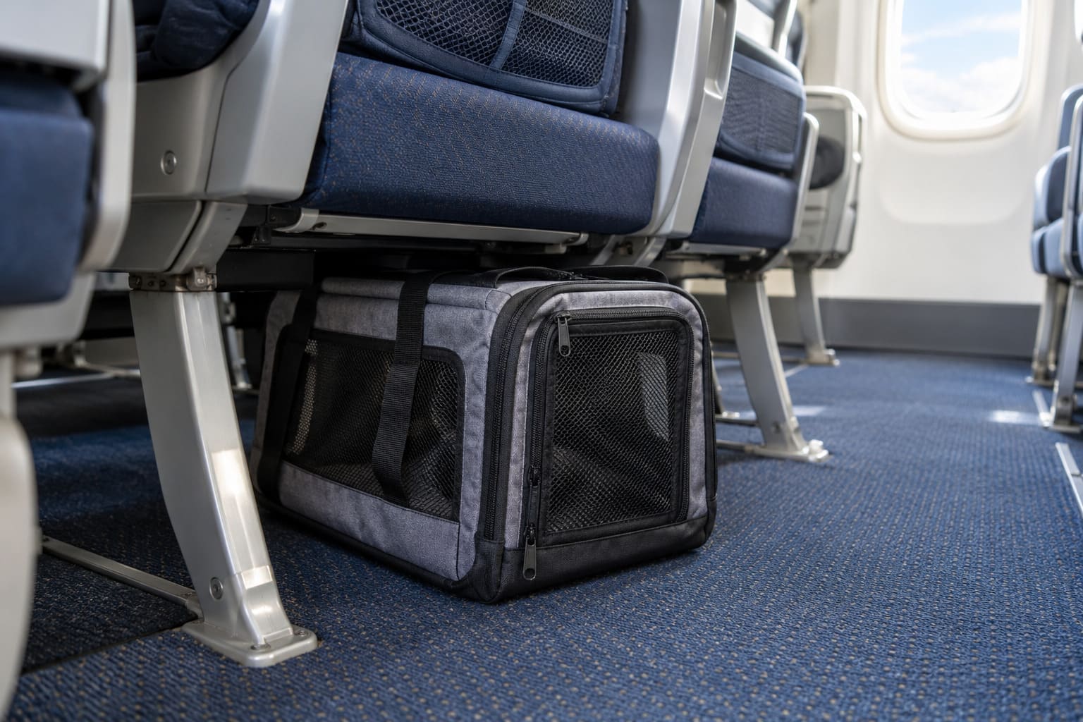 Grey soft-sided pet carrier stowed under an economy aircraft seat in an empty cabin