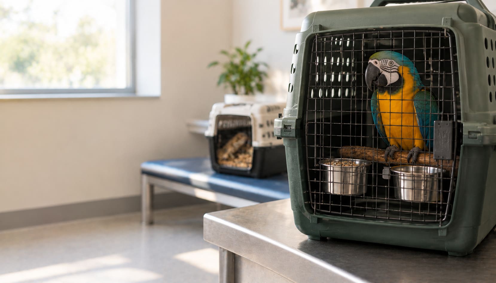 Parrot perched inside a ventilated travel carrier with a reptile transport box behind it