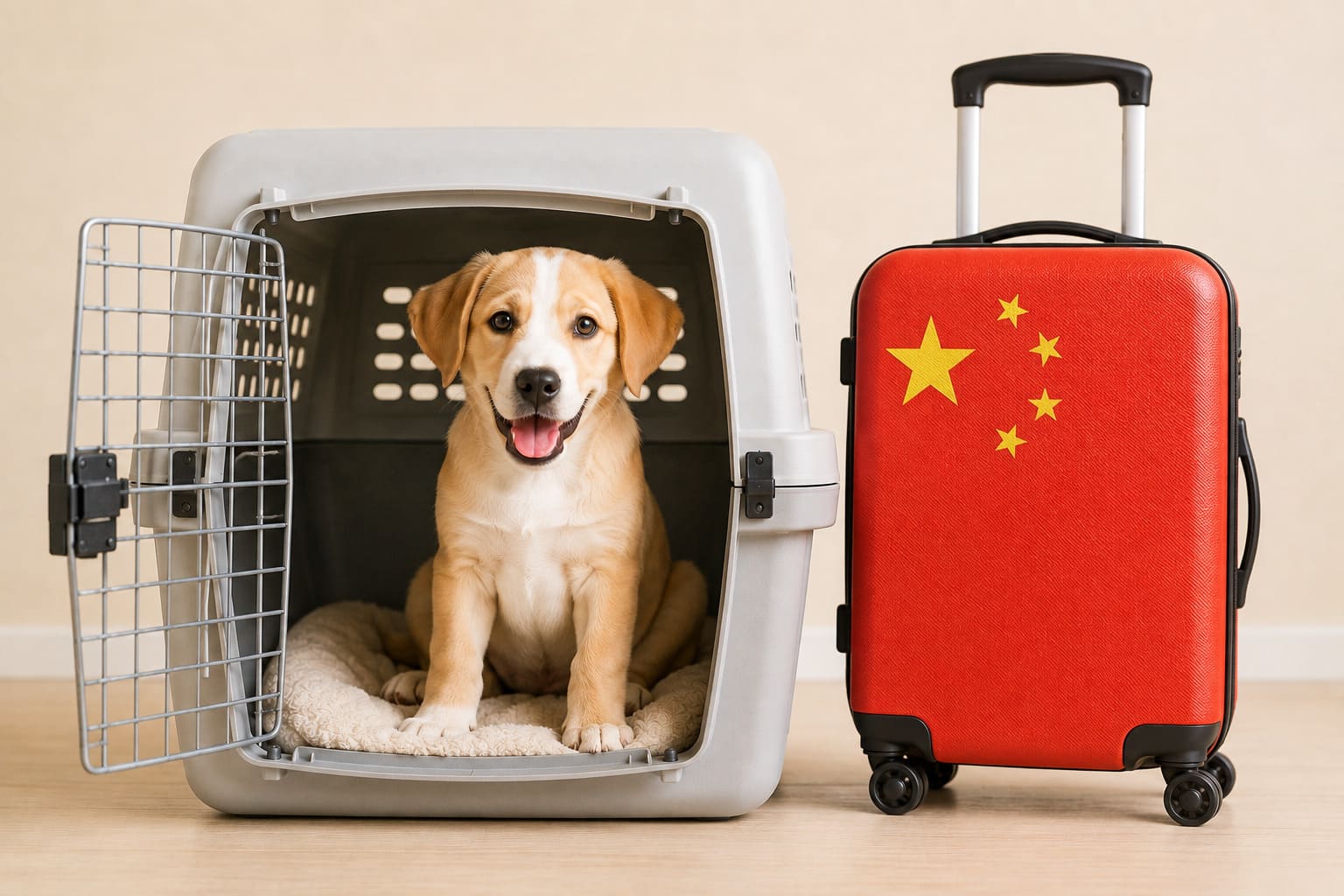 Dog in an open travel crate beside a suitcase in the Chinese flag, ready for a pet move from Canada to China