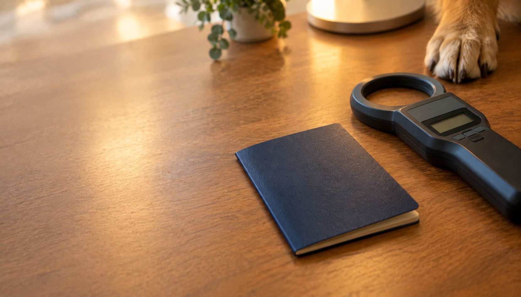 A navy booklet lying on a wooden desk next to a handheld microchip scanner, with a dog’s front paw at the edge of the table