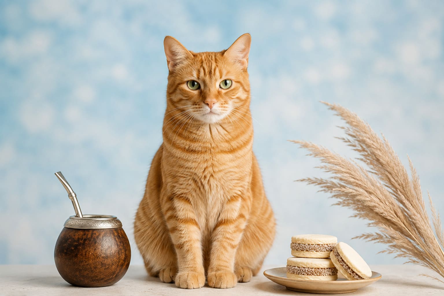 Cat sitting with a mate gourd, alfajores and pampas grass, for a pet move from Canada to Argentina