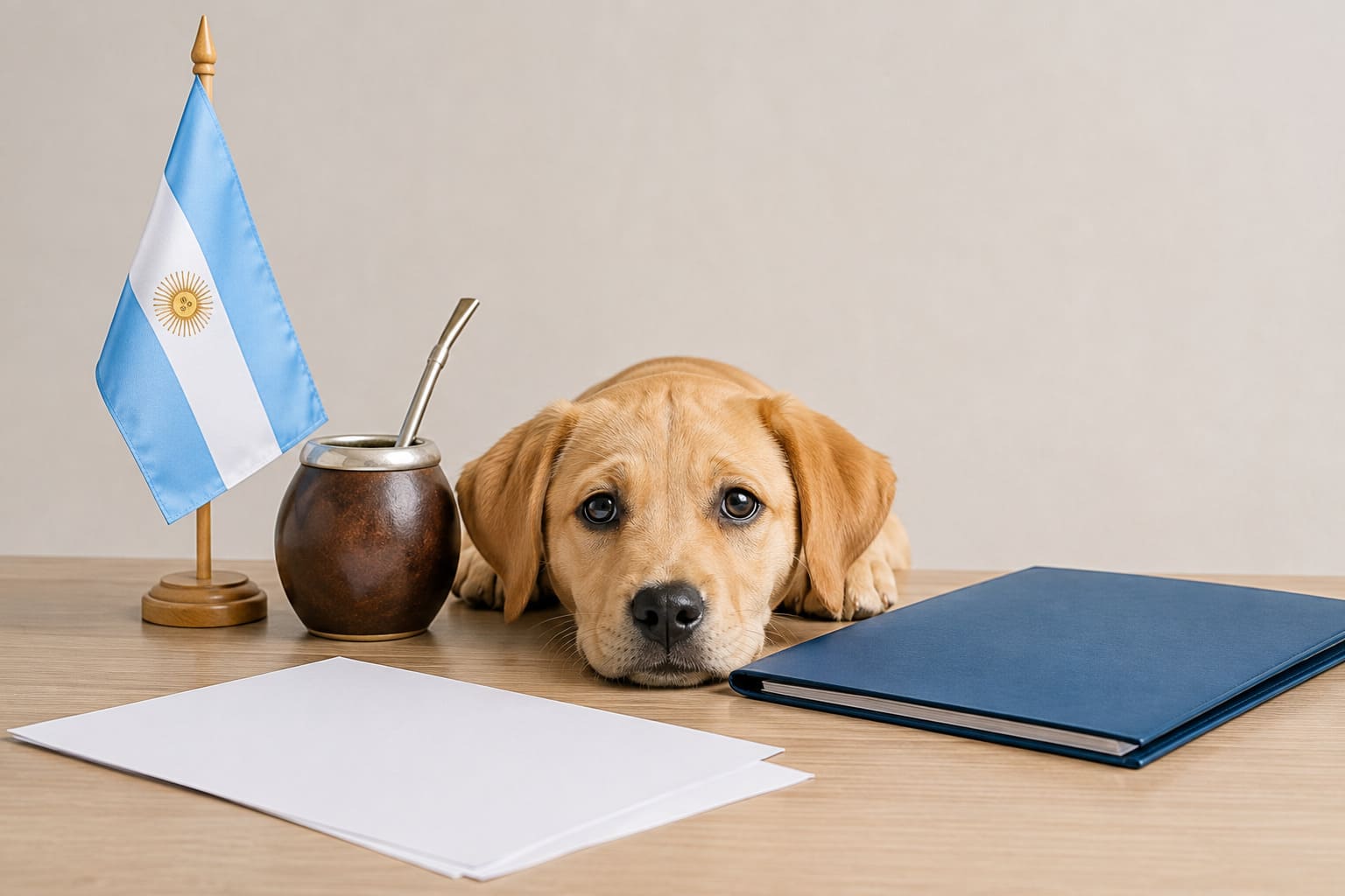 Dog resting beside a folder of blank travel paperwork and a small Argentine flag, for a pet move from Canada to Argentina