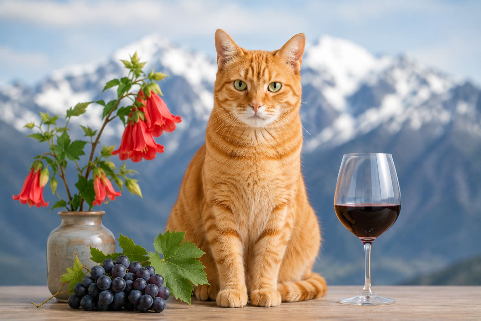 Cat sitting with copihue flowers, grapes and the Andes behind, for a pet move from Canada to Chile