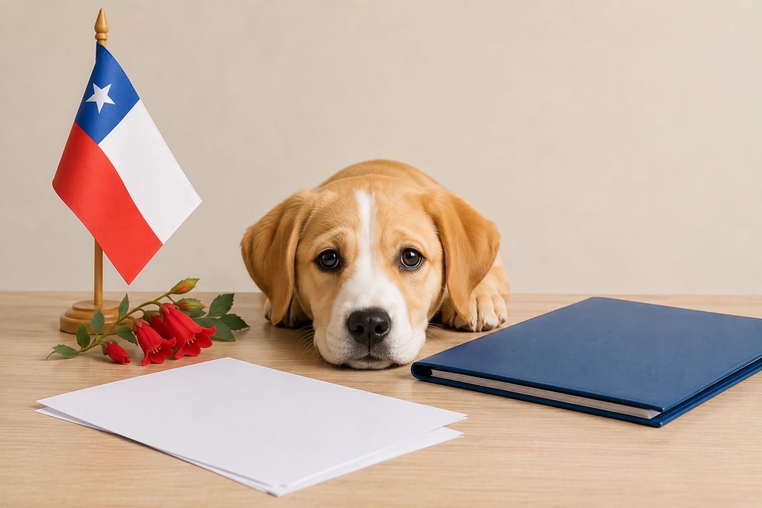 Dog resting beside a folder of blank travel paperwork and a small Chilean flag, for a pet move from Canada to Chile