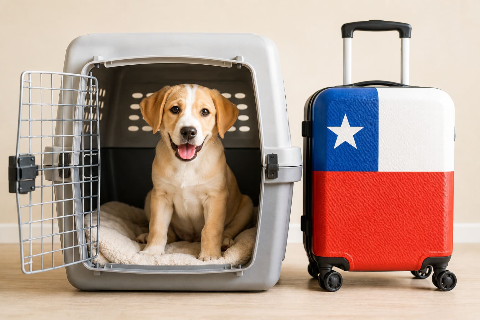 Dog in an open travel crate beside a suitcase in the Chilean flag, ready for a pet move from Canada to Chile