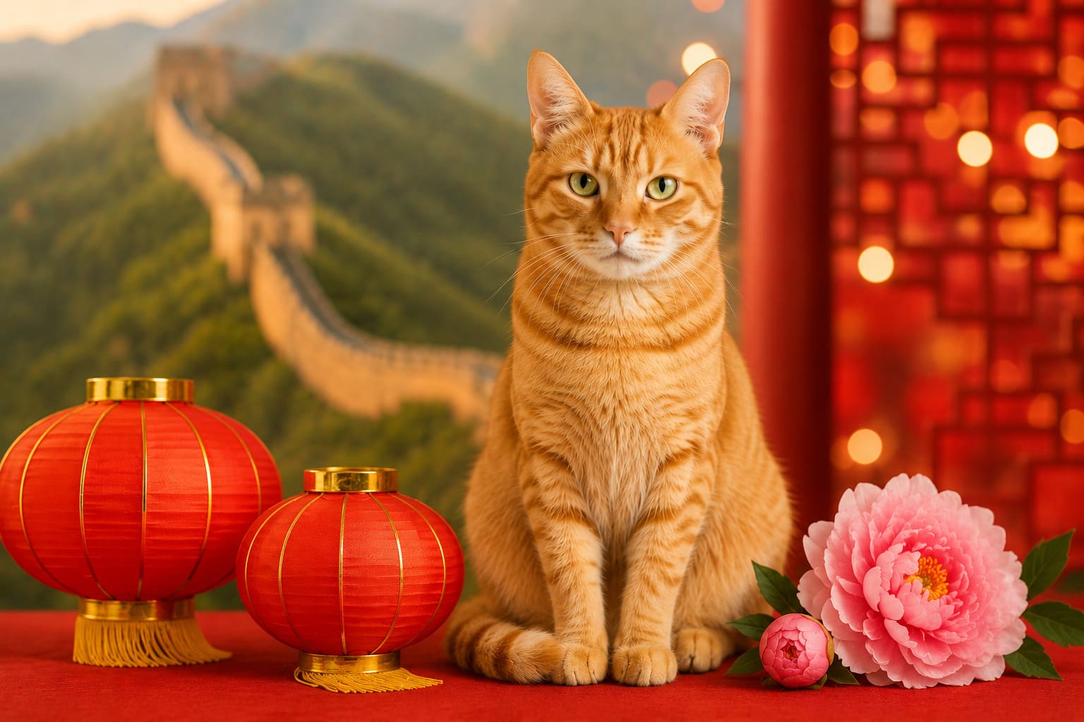 Cat sitting with red lanterns, peonies and the Great Wall behind, for a pet move from Canada to China