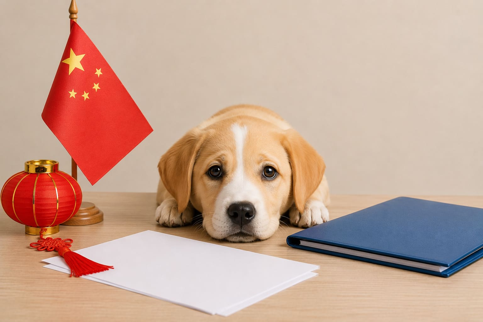 Dog resting beside a folder of blank travel paperwork and a small Chinese flag, for a pet move from Canada to China