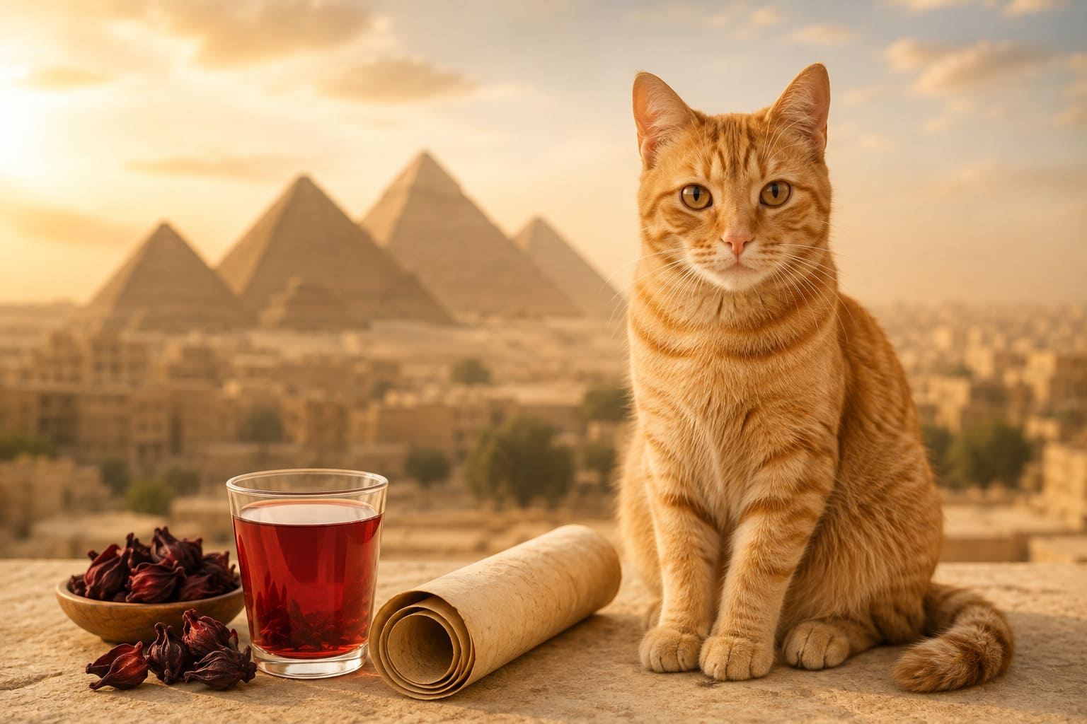 Cat sitting with hibiscus tea, a papyrus scroll and the pyramids behind, for a pet move from Canada to Egypt