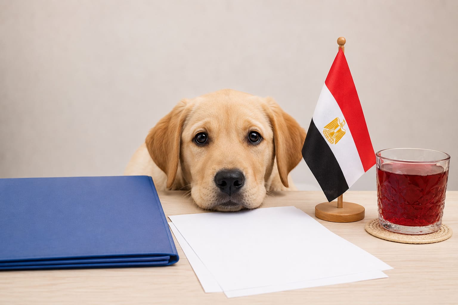 Dog resting beside a folder of blank travel paperwork and a small Egyptian flag, for a pet move from Canada to Egypt