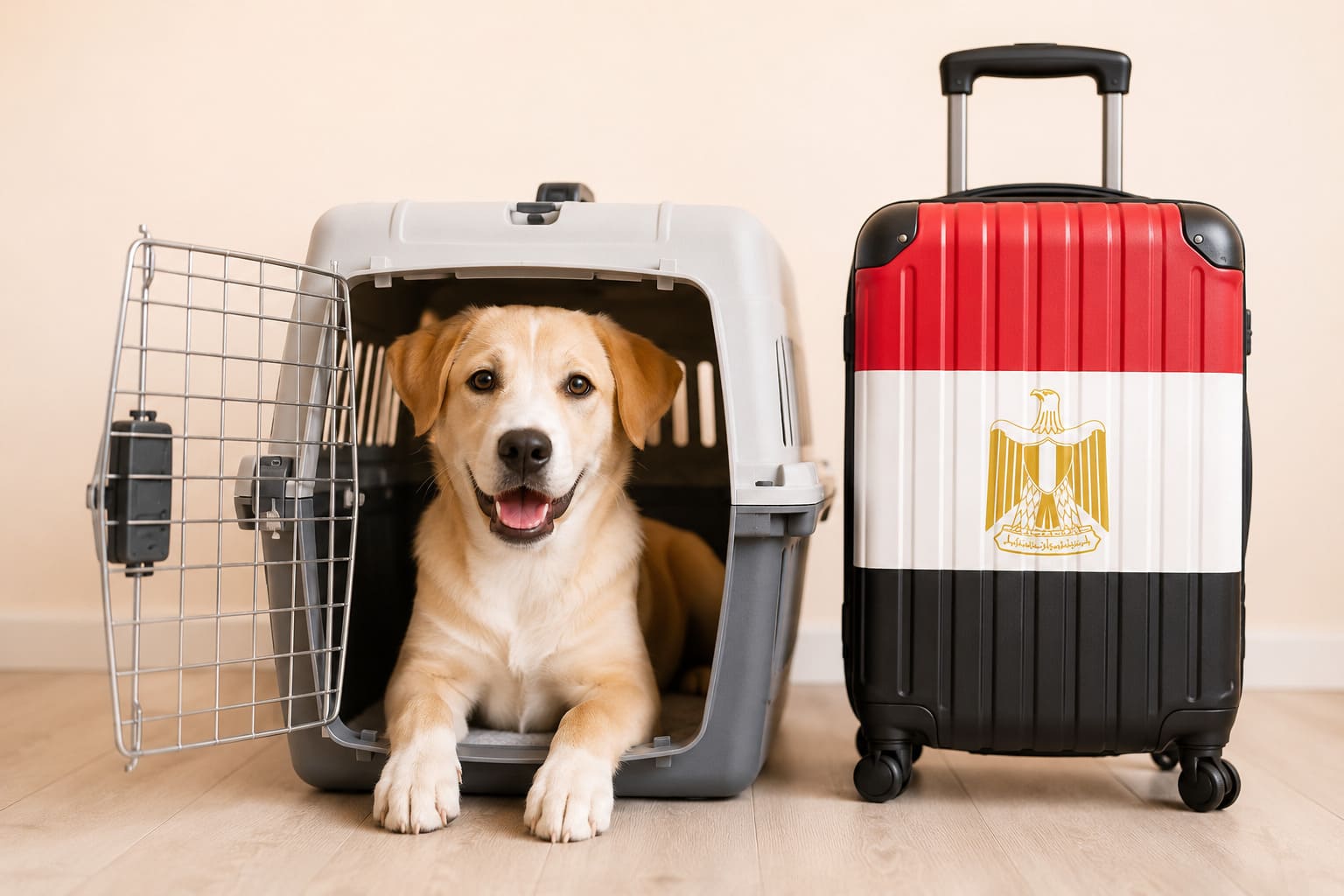 Dog in an open travel crate beside a suitcase in the Egyptian flag, ready for a pet move from Canada to Egypt