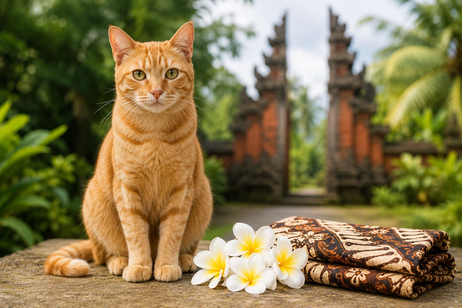 Cat sitting with frangipani flowers, batik cloth and a Balinese temple gate behind, for a pet move from Canada to Indonesia