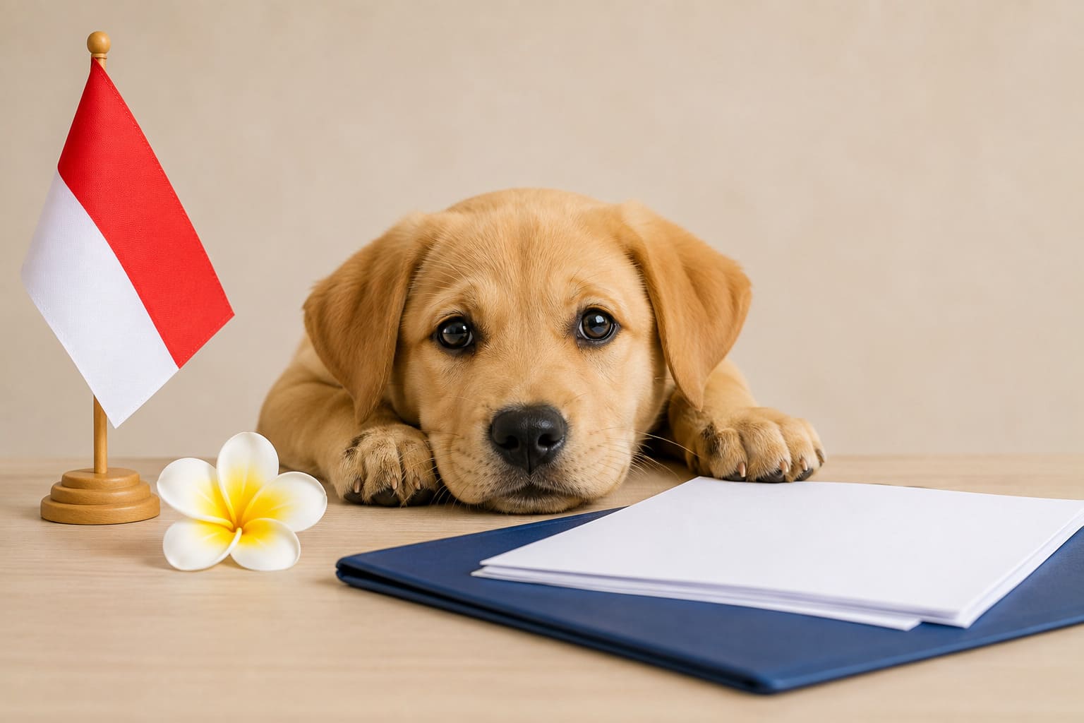 Dog resting beside a folder of blank travel paperwork and a small Indonesian flag, for a pet move from Canada to Indonesia