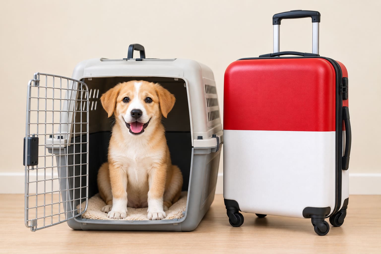 Dog in an open travel crate beside a suitcase in the Indonesian flag, ready for a pet move from Canada to Indonesia