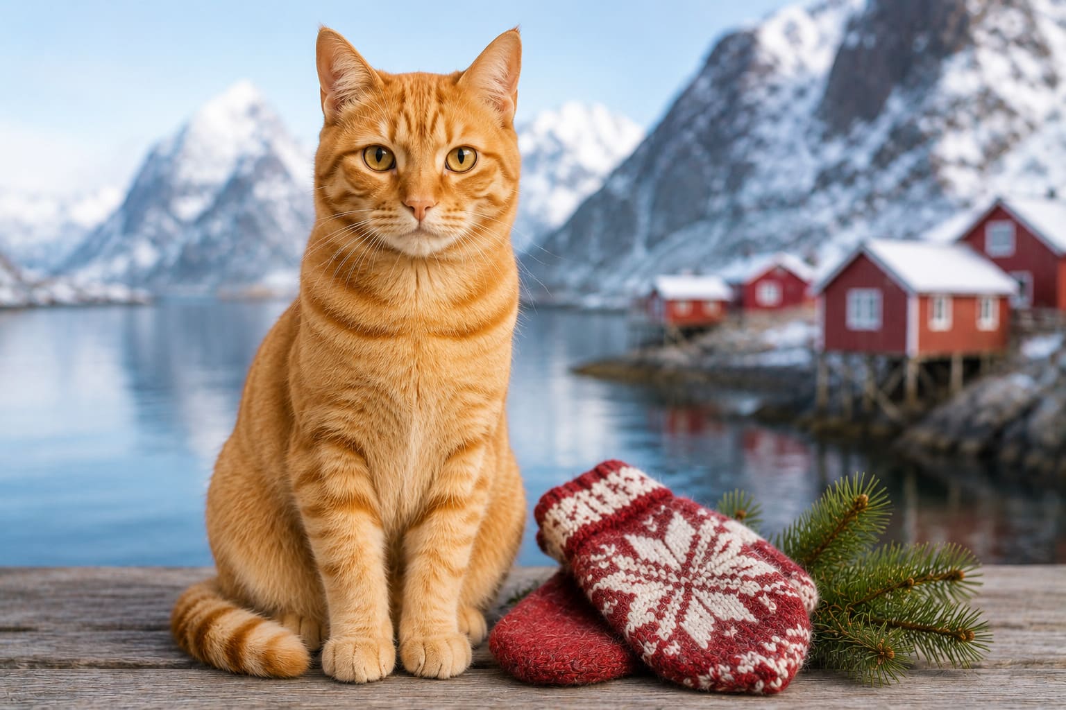 Cat sitting with knitted mittens, pine sprigs and a fjord with red cabins behind, for a pet move from Canada to Norway