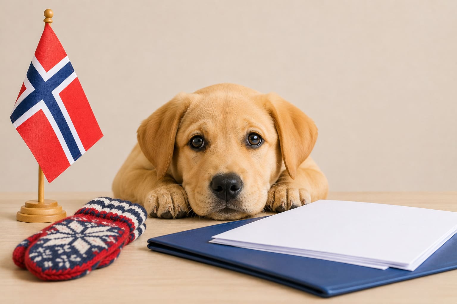Dog resting beside a folder of blank travel paperwork and a small Norwegian flag, for a pet move from Canada to Norway
