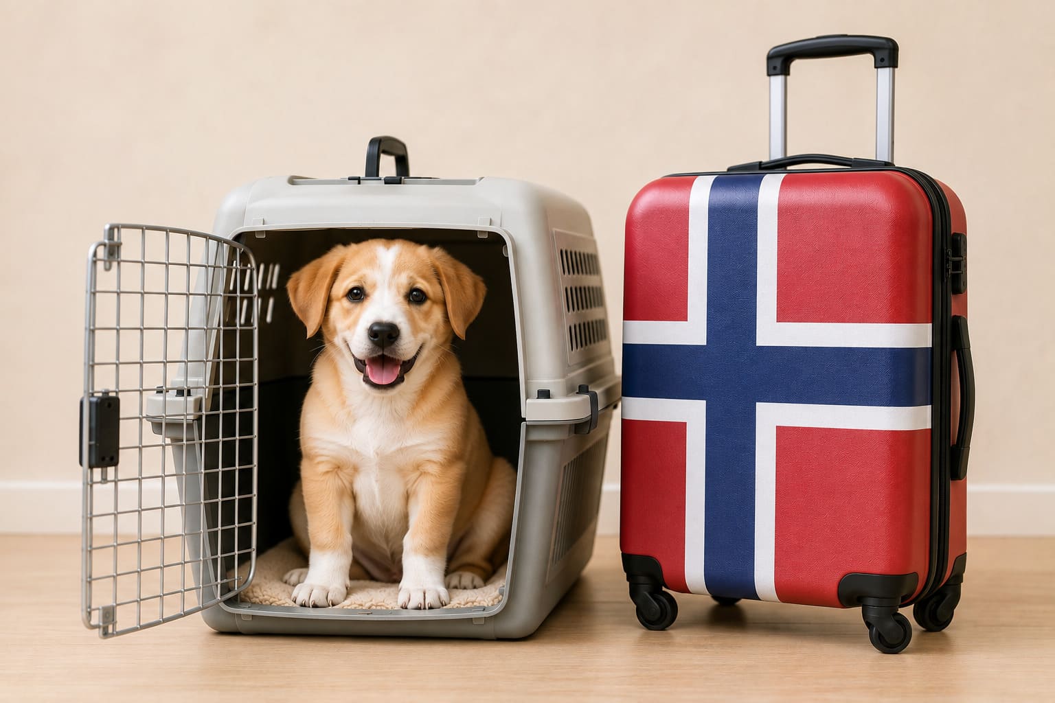 Dog in an open travel crate beside a suitcase in the Norwegian flag, ready for a pet move from Canada to Norway