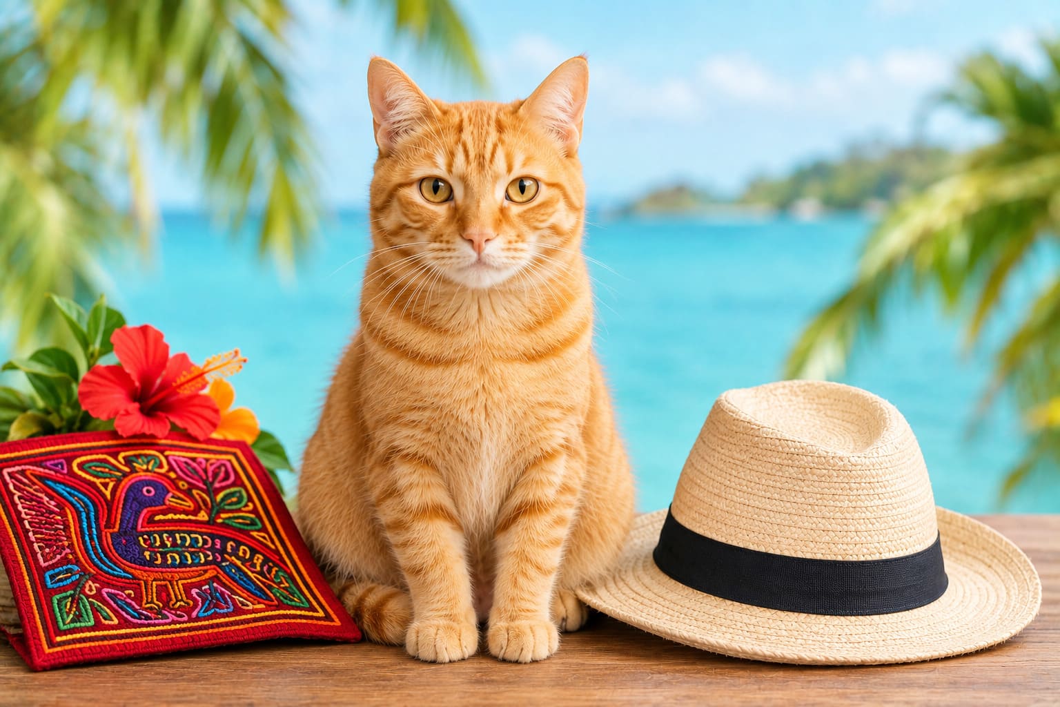 Cat sitting with a Panama hat, a mola textile and the Caribbean behind, for a pet move from Canada to Panama