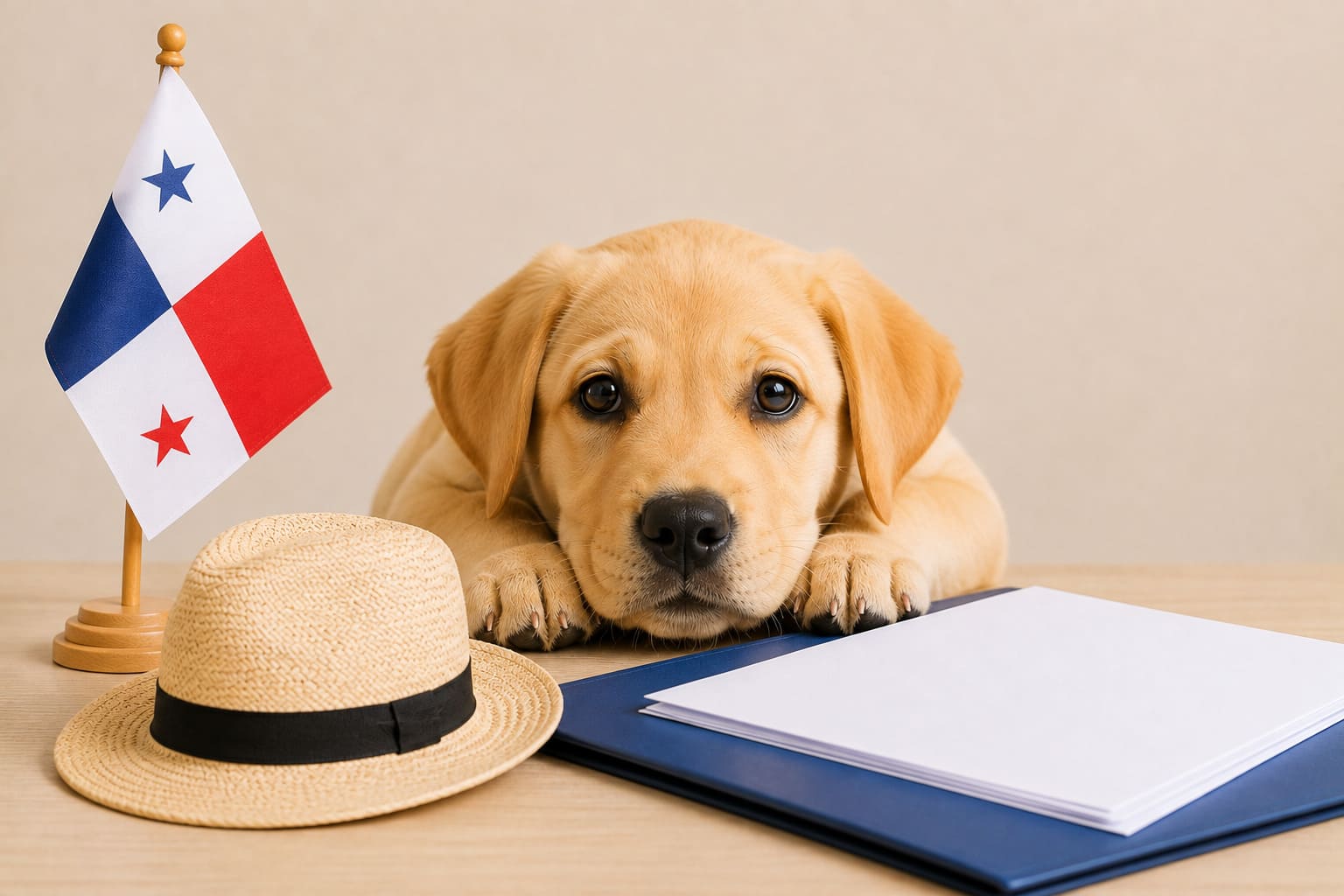 Dog resting beside a folder of blank travel paperwork and a small Panamanian flag, for a pet move from Canada to Panama