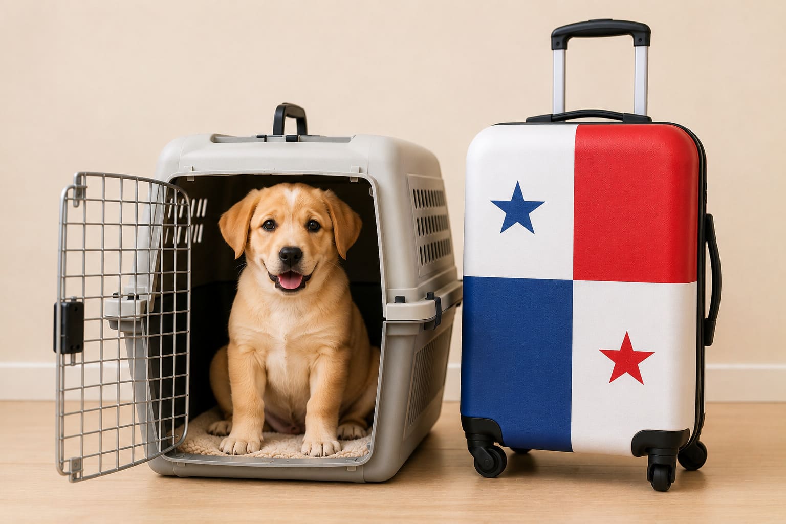 Dog in an open travel crate beside a suitcase in the Panamanian flag, ready for a pet move from Canada to Panama