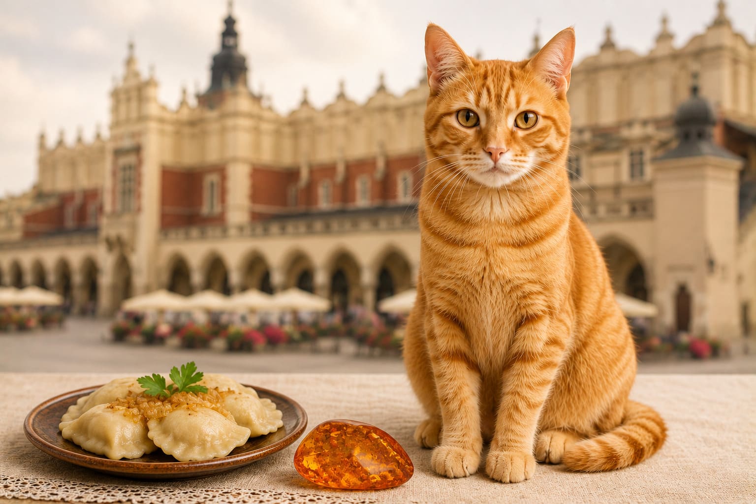 Cat sitting with a plate of pierogi and the Krakow Cloth Hall behind, for a pet move from Canada to Poland
