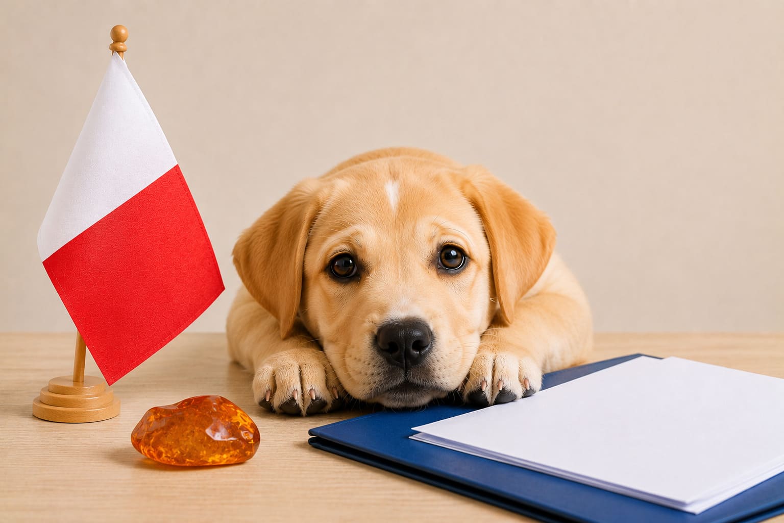 Dog resting beside a folder of blank travel paperwork and a small Polish flag, for a pet move from Canada to Poland