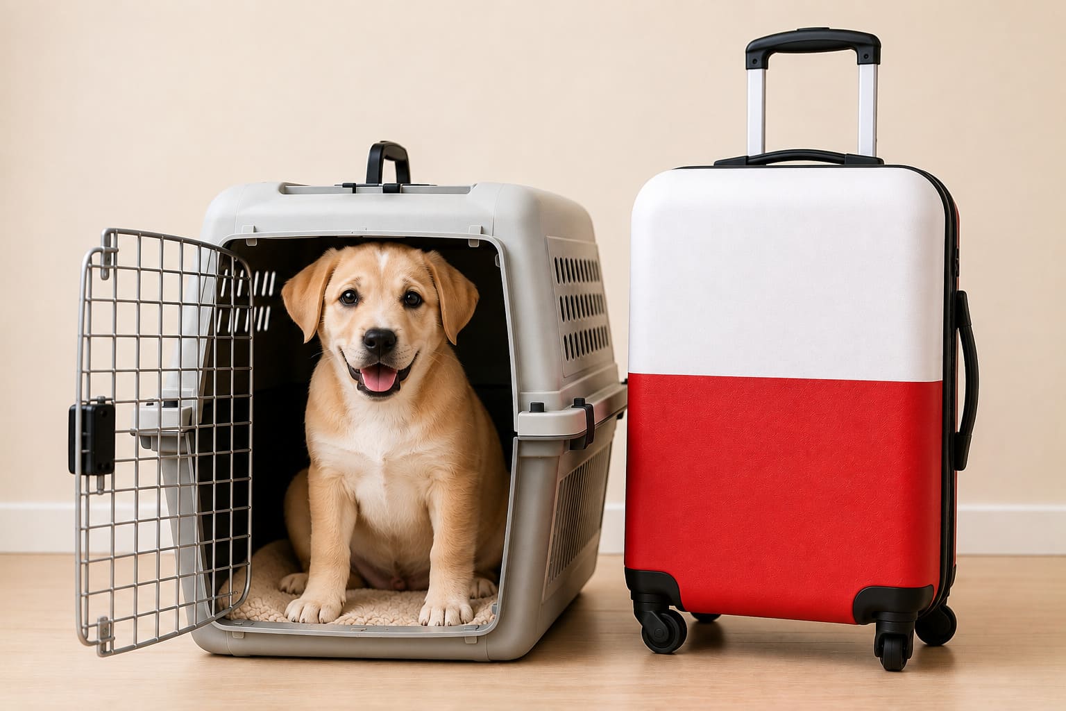 Dog in an open travel crate beside a suitcase in the Polish flag, ready for a pet move from Canada to Poland
