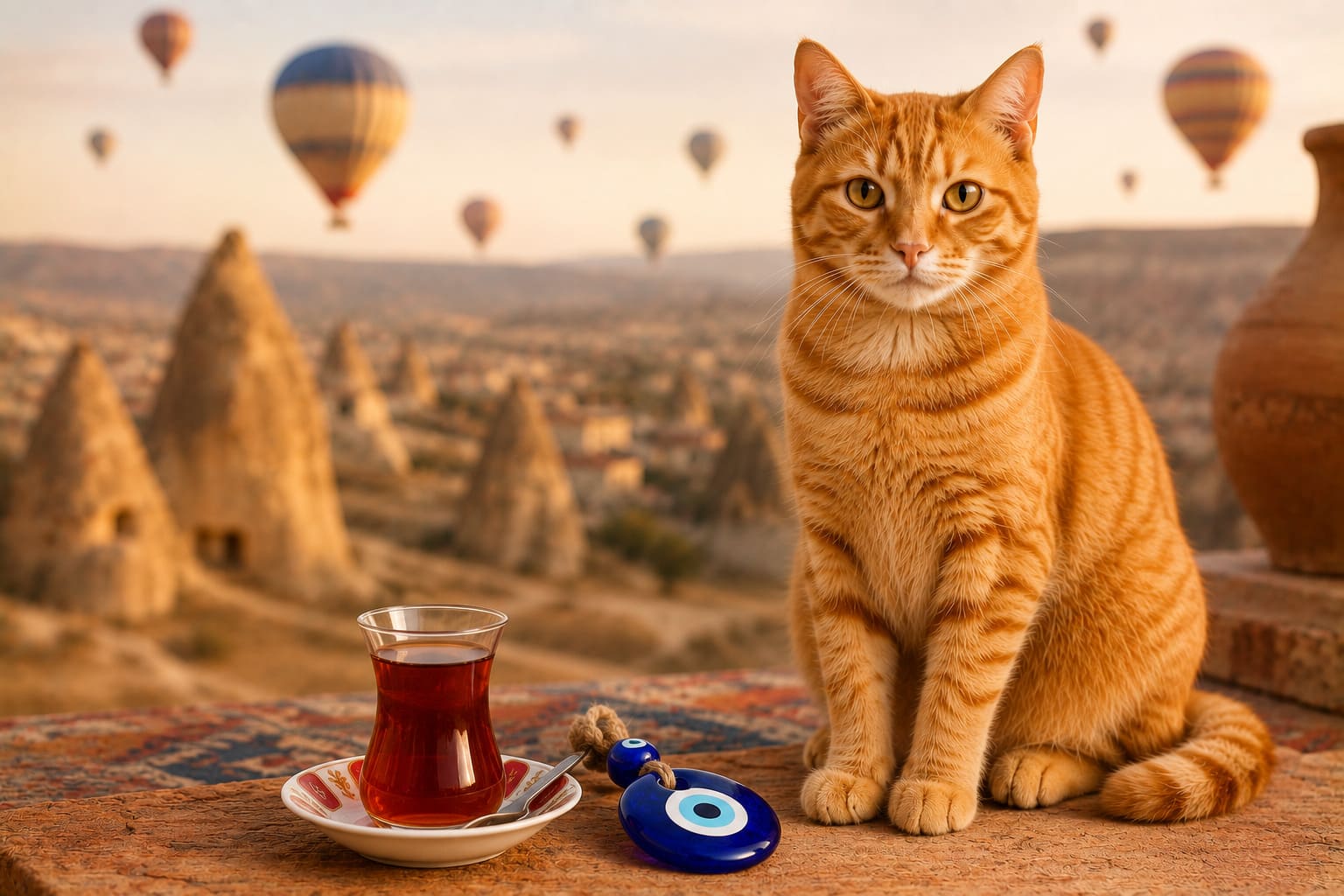 Cat sitting with Turkish tea, a nazar charm and the Cappadocia valleys behind, for a pet move from Canada to Turkey