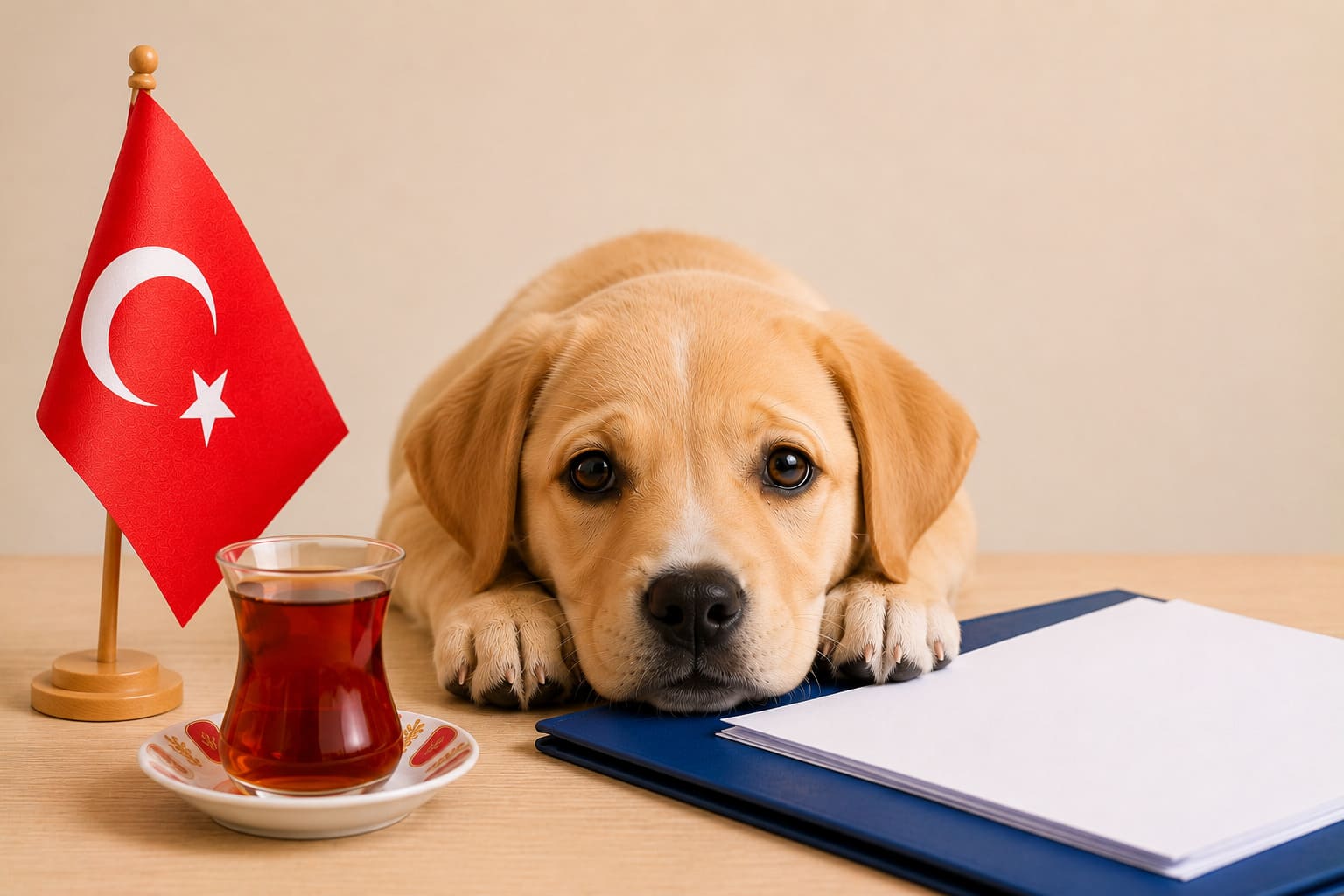 Dog resting beside a folder of blank travel paperwork and a small Turkish flag, for a pet move from Canada to Turkey
