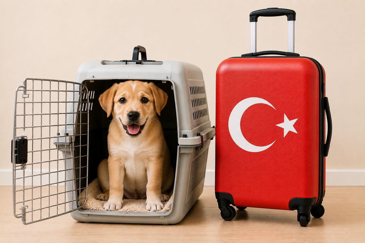 Dog in an open travel crate beside a suitcase in the Turkish flag, ready for a pet move from Canada to Turkey