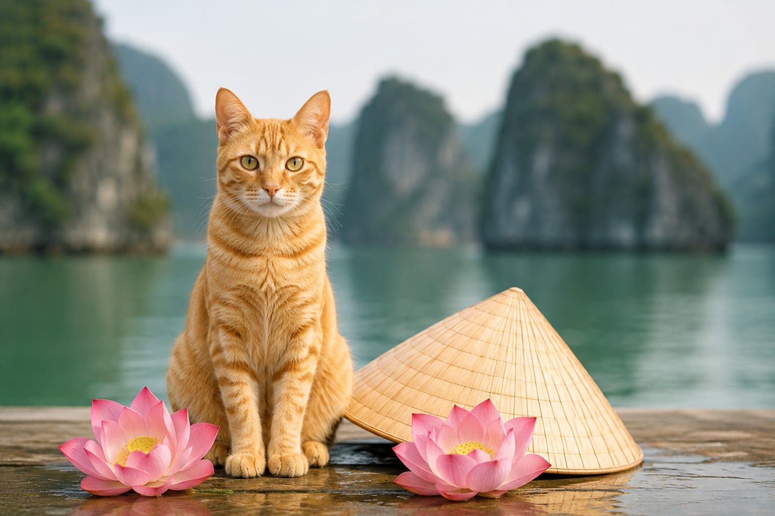 Cat sitting with a conical straw hat, lotus blossoms and Ha Long Bay behind, for a pet move from Canada to Vietnam