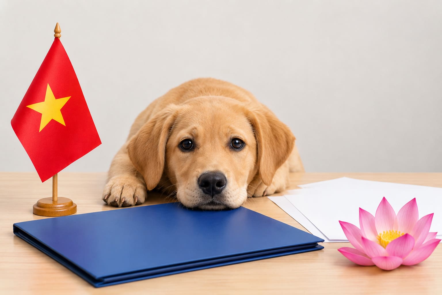 Dog resting beside a folder of blank travel paperwork and a small Vietnamese flag, for a pet move from Canada to Vietnam