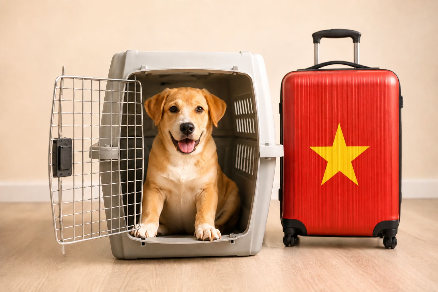 Dog in an open travel crate beside a suitcase in the Vietnamese flag, ready for a pet move from Canada to Vietnam
