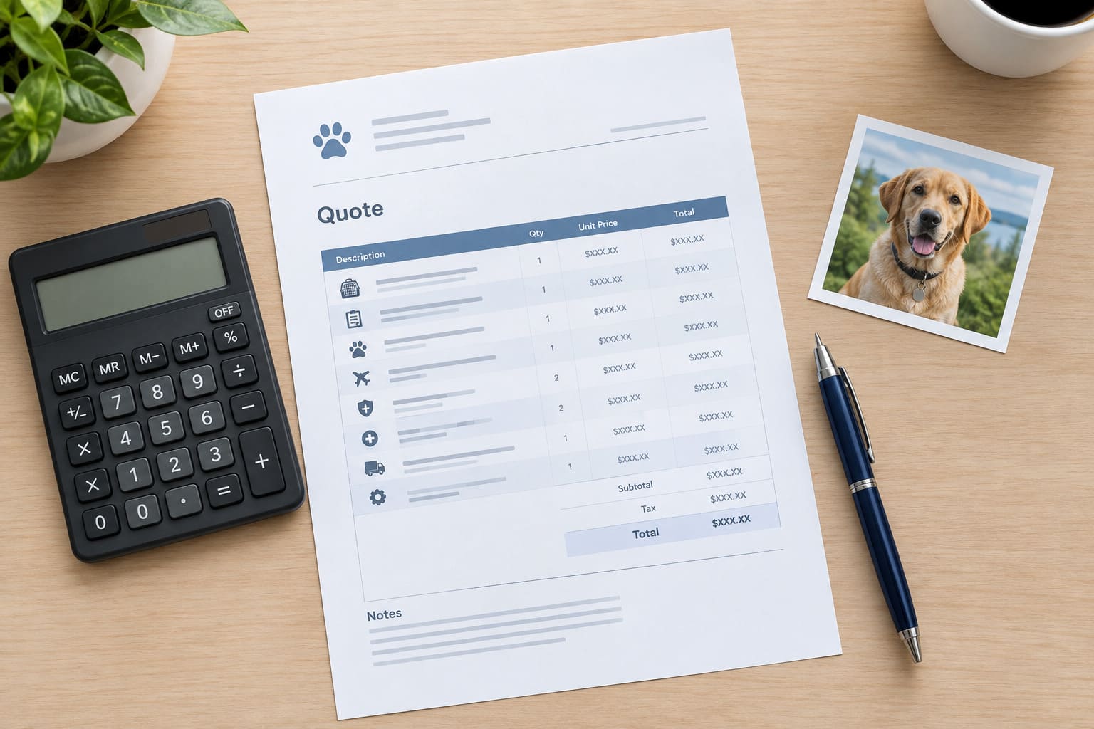 Printed quote form on a desk beside a calculator, a pen and a photograph of a dog, with every amount shown as a placeholder