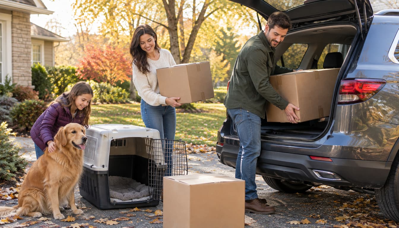 Family loading moving boxes into an SUV in autumn while their golden retriever sits beside an open travel crate