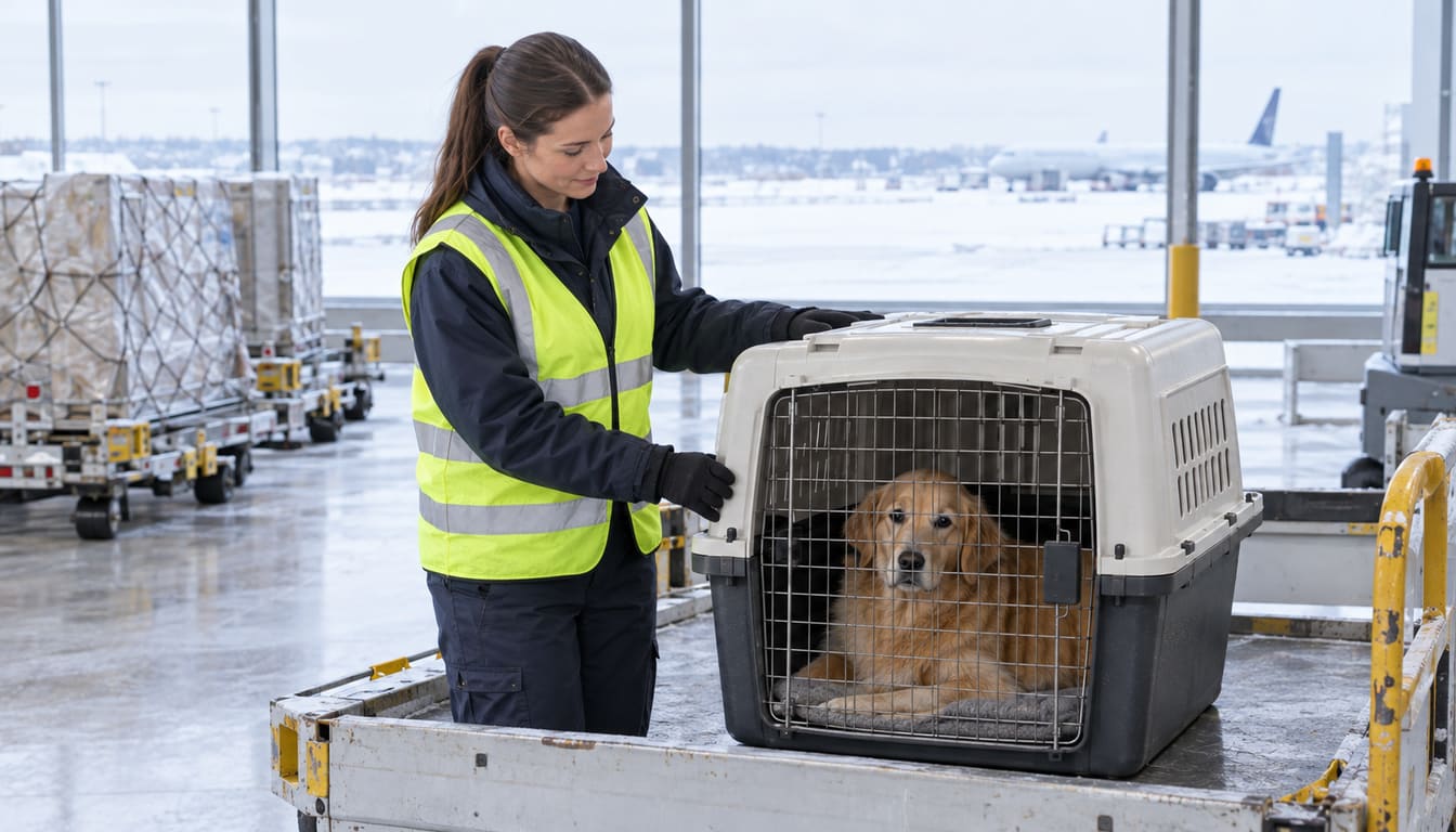 Handler in a high-visibility vest beside a golden retriever in a travel crate at a snowy airport cargo area