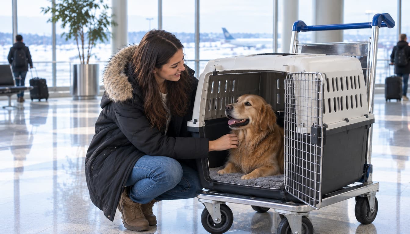 Woman in a winter coat greeting her golden retriever in a travel crate on a trolley in an airport arrivals hall