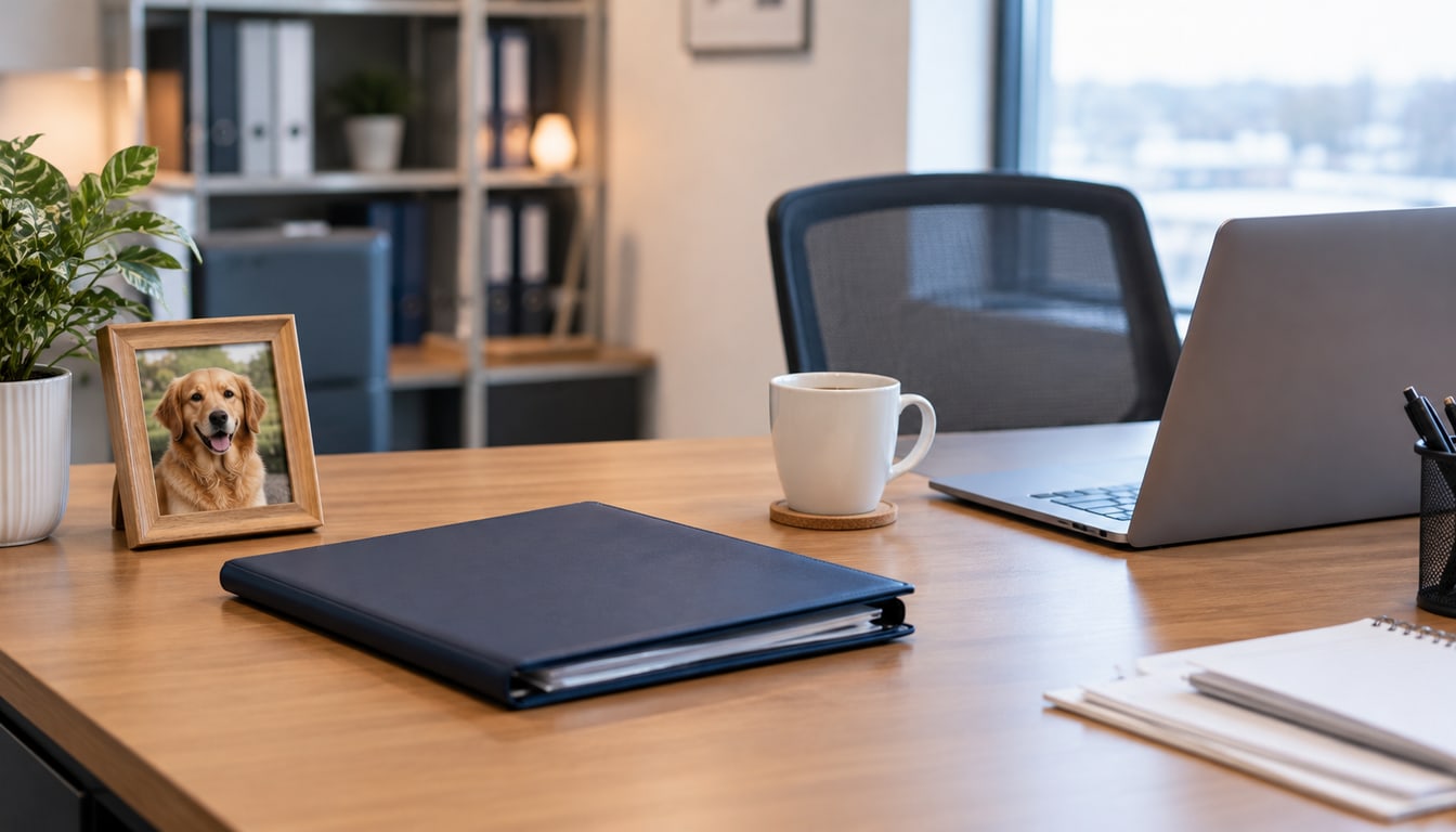 Relocation file on an office desk beside a laptop, a coffee cup and a framed photo of a golden retriever