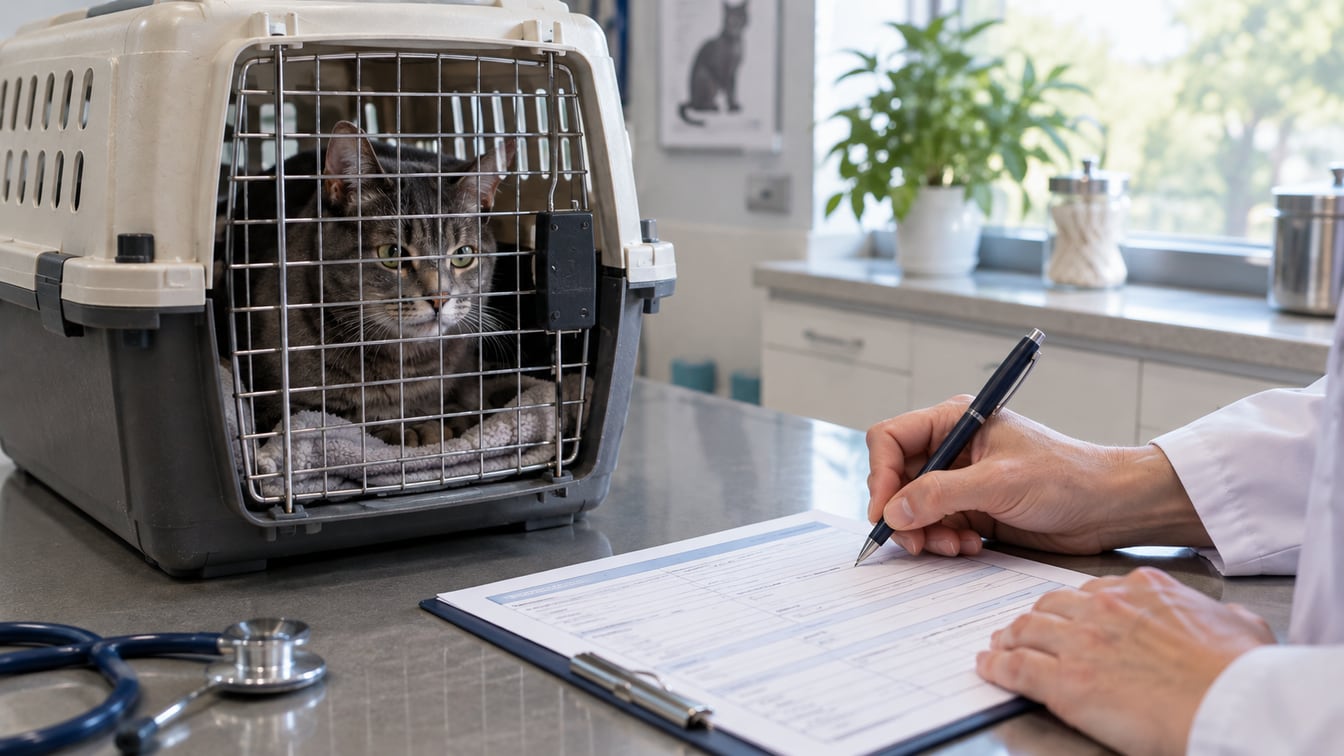 Veterinarian filling in a pet health certificate on a clinic counter beside a tabby cat in a travel crate